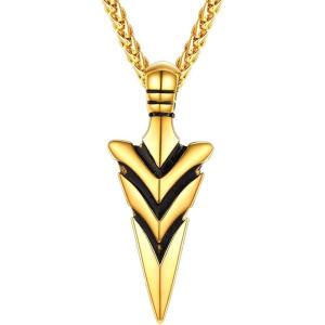 U7 Men Rock Hip Hop Jewelry Stainless Steel 18K Gold Plated Spear Point Arrowhead/Wolf Teeth Pendant Necklaces 22″(01.Arrowhead-Gold)