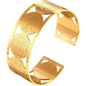 U7 Men Women Bangle Stainless Steel Gold Plated Cross St Benedict Medal Cuff Bracelet