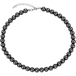 U7 Pearl Necklaces for Men Women, Freshwater Cultured Pearl Strand, Faux Pearl, Baroque Pearl Necklace, Half Pearl Half Chain Necklace, Color White or Black Pearl Chokers(A  Black(Faux pearl 10mm)-length 17″)