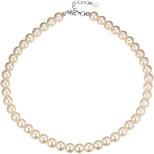 U7 Pearl Necklaces for Men Women, Freshwater Cultured Pearl Strand, Faux Pearl, Baroque Pearl Necklace, Half Pearl Half Chain Necklace, Color White or Black Pearl Chokers(A  White(Faux pearl 10mm)-length 18″)