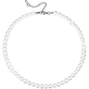 U7 Pearl Necklaces for Men Women, Freshwater Cultured Pearl Strand, Faux Pearl, Baroque Pearl Necklace, Half Pearl Half Chain Necklace, Color White or Black Pearl Chokers(E  Freshwater pearl(7.5-8mm) choker-length 16″)