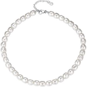 U7 Pearl Necklaces for Men Women, Freshwater Cultured Pearl Strand, Faux Pearl, Baroque Pearl Necklace, Half Pearl Half Chain Necklace, Color White or Black Pearl Chokers(B  Baroque pearl(10mm)-length 17″)