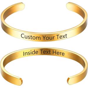 U7 Personalized Cuff Bracelets Women Mens Stainless Steel 18K Gold Plated Cuban/Braided/Simple Cuff Bracelets Open Bangles, Customizable(Polished Cuff Medium-Gold)