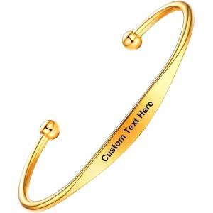 U7 Personalized Cuff Bracelets Women Mens Stainless Steel 18K Gold Plated Cuban/Braided/Simple Cuff Bracelets Open Bangles, Customizable(Slim Cuff-gold)