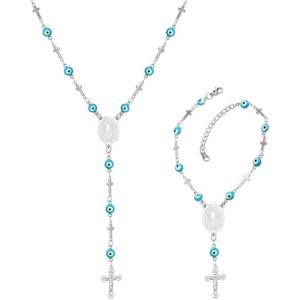 U7 Personalized Rosary Necklace for Women Men with Photo & Text,Stainless Steel Custom Rosary Bead Catholic Cross Y Chain Necklace,Memorial Christian Jewelry Gift(07.Sideways Cross Set-Steel)