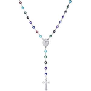 U7 Personalized Rosary Necklace for Women Men with Photo & Text,Stainless Steel Custom Rosary Bead Catholic Cross Y Chain Necklace,Memorial Christian Jewelry Gift(03.Colorful Evil Eye-Steel)