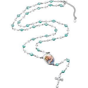 U7 Personalized Rosary Necklace for Women Men with Photo & Text,Stainless Steel Custom Rosary Bead Catholic Cross Y Chain Necklace,Memorial Christian Jewelry Gift(04.Photo-Evil Eye-Silver)