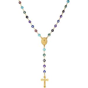U7 Personalized Rosary Necklace for Women Men with Photo & Text,Stainless Steel Custom Rosary Bead Catholic Cross Y Chain Necklace,Memorial Christian Jewelry Gift(03.Colorful Evil Eye-Gold)