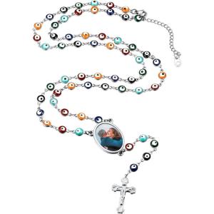 U7 Personalized Rosary Necklace for Women Men with Photo & Text,Stainless Steel Custom Rosary Bead Catholic Cross Y Chain Necklace,Memorial Christian Jewelry Gift(04.Photo-Colorful Evil Eye-Silver)