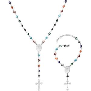U7 Personalized Rosary Necklace for Women Men with Photo & Text,Stainless Steel Custom Rosary Bead Catholic Cross Y Chain Necklace,Memorial Christian Jewelry Gift(05.Set-Colorful Evil Eye-Steel)