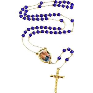 U7 Personalized Rosary Necklace for Women Men with Photo & Text,Stainless Steel Custom Rosary Bead Catholic Cross Y Chain Necklace,Memorial Christian Jewelry Gift(02.Photo-Bule)