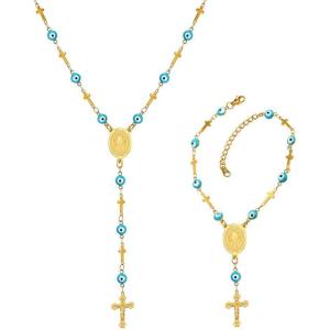 U7 Personalized Rosary Necklace for Women Men with Photo & Text,Stainless Steel Custom Rosary Bead Catholic Cross Y Chain Necklace,Memorial Christian Jewelry Gift(07.Sideways Cross Set-Gold)