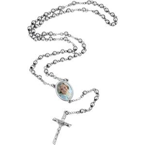 U7 Personalized Rosary Necklace for Women Men with Photo & Text,Stainless Steel Custom Rosary Bead Catholic Cross Y Chain Necklace,Memorial Christian Jewelry Gift(01.Photo Silver)
