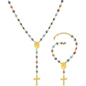 U7 Personalized Rosary Necklace for Women Men with Photo & Text,Stainless Steel Custom Rosary Bead Catholic Cross Y Chain Necklace,Memorial Christian Jewelry Gift(05.Set-Colorful Evil Eye-Gold)