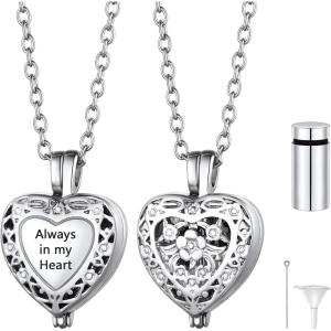 U7 Personalized Urn Necklaces for Men Women, Stainless Steel Text & Picture Pendant Necklace for Ashes, Customized Cremation Jewelry(02.Filigree Heart with Text-Silver)