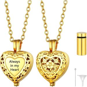U7 Personalized Urn Necklaces for Men Women, Stainless Steel Text & Picture Pendant Necklace for Ashes, Customized Cremation Jewelry(02.Filigree Heart with Text-Gold)