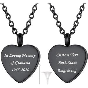 U7 Personalized Urn Necklaces for Men Women, Stainless Steel Text & Picture Pendant Necklace for Ashes, Customized Cremation Jewelry(03.Heart with Text-Black)