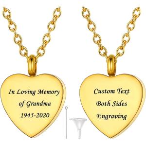 U7 Personalized Urn Necklaces for Men Women, Stainless Steel Text & Picture Pendant Necklace for Ashes, Customized Cremation Jewelry(03.Heart with Text-Gold)
