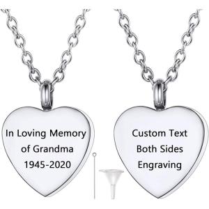 U7 Personalized Urn Necklaces for Men Women, Stainless Steel Text & Picture Pendant Necklace for Ashes, Customized Cremation Jewelry(03.Heart with Text-Silver)