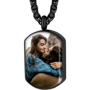 U7 Personalized Urn Necklaces for Men Women, Stainless Steel Text & Picture Pendant Necklace for Ashes, Customized Cremation Jewelry(04.Dog Tags with Picture-Black)