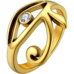 U7 Rhinestone Eye of Horus Ring, Ankh Cross RNG, Stainless Steel/Black/18K Gold Plated Egypt Rings, Protection Rings for Men Women Size 7-14(Eye of ra-gold)