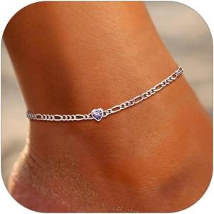 U7 SILVERCUTE Sterling Silver Anklets for Women, Large Heart/Round Birthstone Ankle Bracelet with Figaro Chain, Waterproof Summer Beach Foot Jewelry Length 8.5″-10.5″(Amethyst purple (heart))