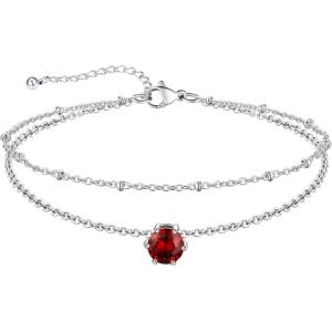 U7 Silver Ankle Bracelet for Women, Waterproof Layered Ankle Round Gem Birthstone Anklets, Summer Beach Foot Jewelry, Adjustable 8.5″-10.5″(01.January-Garnet Red)