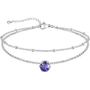 U7 Silver Ankle Bracelet for Women, Waterproof Layered Ankle Round Gem Birthstone Anklets, Summer Beach Foot Jewelry, Adjustable 8.5″-10.5″(02.February-Amethyst Purple)