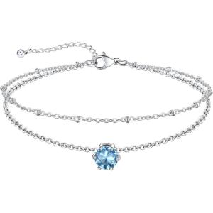 U7 Silver Ankle Bracelet for Women, Waterproof Layered Ankle Round Gem Birthstone Anklets, Summer Beach Foot Jewelry, Adjustable 8.5″-10.5″(03.March-Aquamarine Blue)