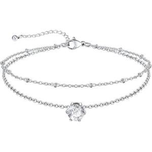 U7 Silver Ankle Bracelet for Women, Waterproof Layered Ankle Round Gem Birthstone Anklets, Summer Beach Foot Jewelry, Adjustable 8.5″-10.5″(04.April-White Diamond)