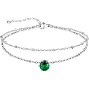 U7 Silver Ankle Bracelet for Women, Waterproof Layered Ankle Round Gem Birthstone Anklets, Summer Beach Foot Jewelry, Adjustable 8.5″-10.5″(05.May-Emerald Green)