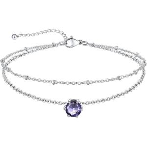 U7 Silver Ankle Bracelet for Women, Waterproof Layered Ankle Round Gem Birthstone Anklets, Summer Beach Foot Jewelry, Adjustable 8.5″-10.5″(06.June-Alexandrite Purple)
