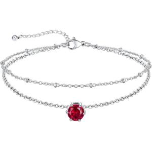 U7 Silver Ankle Bracelet for Women, Waterproof Layered Ankle Round Gem Birthstone Anklets, Summer Beach Foot Jewelry, Adjustable 8.5″-10.5″(07.July-Ruby Red)