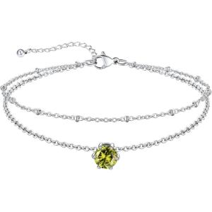 U7 Silver Ankle Bracelet for Women, Waterproof Layered Ankle Round Gem Birthstone Anklets, Summer Beach Foot Jewelry, Adjustable 8.5″-10.5″(08.August-Peridot Yellow)