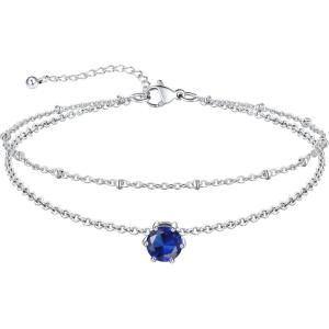 U7 Silver Ankle Bracelet for Women, Waterproof Layered Ankle Round Gem Birthstone Anklets, Summer Beach Foot Jewelry, Adjustable 8.5″-10.5″(09.September-Sapphire Blue)