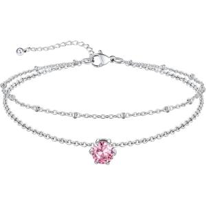U7 Silver Ankle Bracelet for Women, Waterproof Layered Ankle Round Gem Birthstone Anklets, Summer Beach Foot Jewelry, Adjustable 8.5″-10.5″(10.October-Pink Tourmaline)