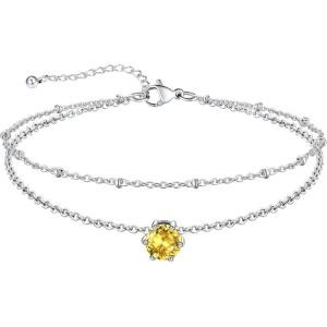 U7 Silver Ankle Bracelet for Women, Waterproof Layered Ankle Round Gem Birthstone Anklets, Summer Beach Foot Jewelry, Adjustable 8.5″-10.5″(11.November-Yellow Topaz)