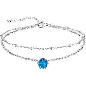 U7 Silver Ankle Bracelet for Women, Waterproof Layered Ankle Round Gem Birthstone Anklets, Summer Beach Foot Jewelry, Adjustable 8.5″-10.5″(12.December-Blue Topaz)