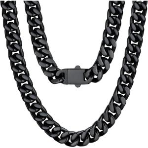 U7 Stainless Steel Chain Necklace for Men, Silver/Black/Gold Plated Cuban Link Chain, Thick Hip Hop Curb Chain Choker Jewelry 5/7/9/12mm 18-30 Inches for Mens Women(D. 12mm Black)