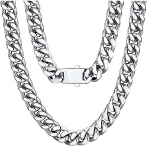 U7 Stainless Steel Chain Necklace for Men, Silver/Black/Gold Plated Cuban Link Chain, Thick Hip Hop Curb Chain Choker Jewelry 5/7/9/12mm 18-30 Inches for Mens Women(B. 12mm Silver)