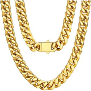 U7 Stainless Steel Chain Necklace for Men, Silver/Black/Gold Plated Cuban Link Chain, Thick Hip Hop Curb Chain Choker Jewelry 5/7/9/12mm 18-30 Inches for Mens Women(F. 12mm Gold)