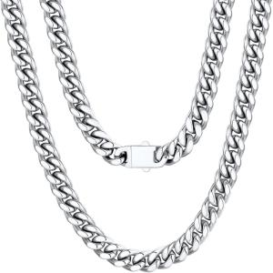 U7 Stainless Steel Chain Necklace for Men, Silver/Black/Gold Plated Cuban Link Chain, Thick Hip Hop Curb Chain Choker Jewelry 5/7/9/12mm 18-30 Inches for Mens Women(A. 7mm Silver)
