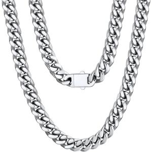 U7 Stainless Steel Chain Necklace for Men, Silver/Black/Gold Plated Cuban Link Chain, Thick Hip Hop Curb Chain Choker Jewelry 5/7/9/12mm 18-30 Inches for Mens Women(A. 9mm Silver)