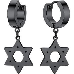 U7 Y2K Jewelry 18K Gold Plated Sterling Silver Huggie Hoops Earrings, Ankh Cross/Lighting Bolt/Feather/Italian Horn/Star of David Dangle Drop Earrings for Women(David Star -Black)