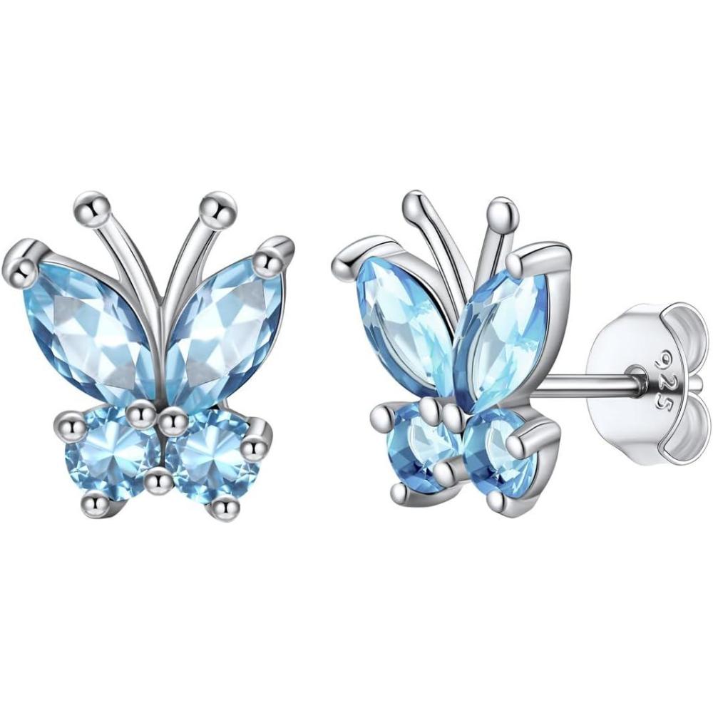 imageSILVERCUTE 925 Sterling Silver Butterfly Earrings for WomenButterfly Birthstone Stud EarringEar CuffsHypoallergenic Birthday Earrings for Women03MarchAquamarineStud