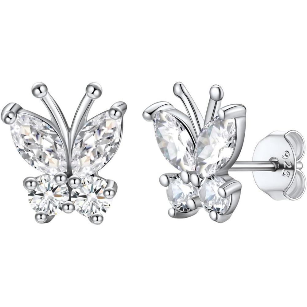 imageSILVERCUTE 925 Sterling Silver Butterfly Earrings for WomenButterfly Birthstone Stud EarringEar CuffsHypoallergenic Birthday Earrings for Women04AprilDiamondStud