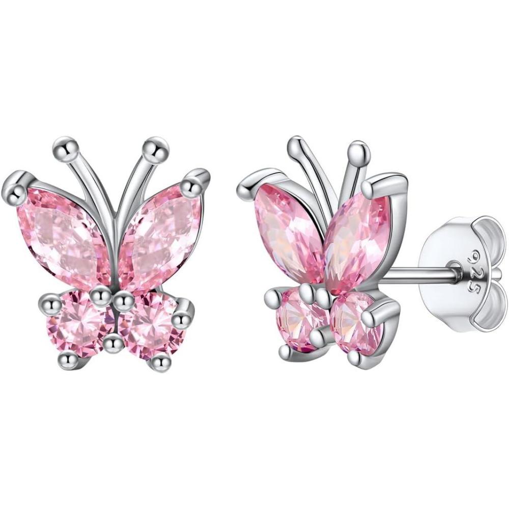 imageSILVERCUTE 925 Sterling Silver Butterfly Earrings for WomenButterfly Birthstone Stud EarringEar CuffsHypoallergenic Birthday Earrings for Women10OctoberPink TourmalineStud