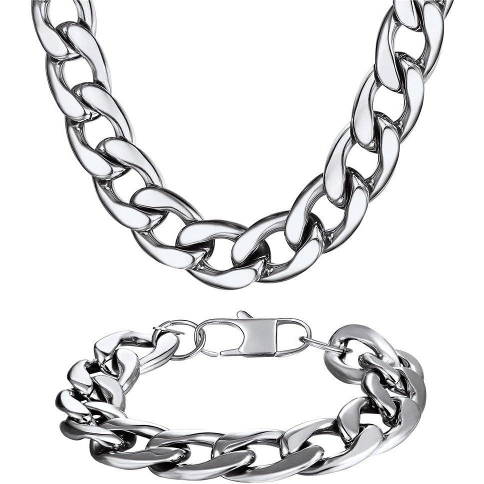 imageU7 Men Stainless Steel Big Chain Set 15mm Wide Cuban Link Chain Necklace Bracelet Rapper Costume Jewelry for Party