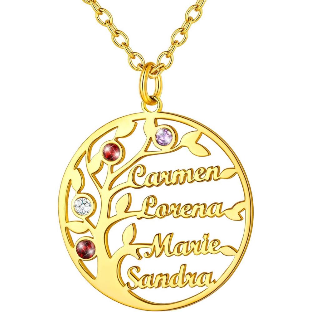 imageU7 Personalized Mothers Necklace with 18 Children Name Simulated Birthstones Stainless Steel 18K Gold Plated Tree of Life PendantDisc BarFeet Necklaces for GrandmaRound Tree of LifeBirthstoneGold