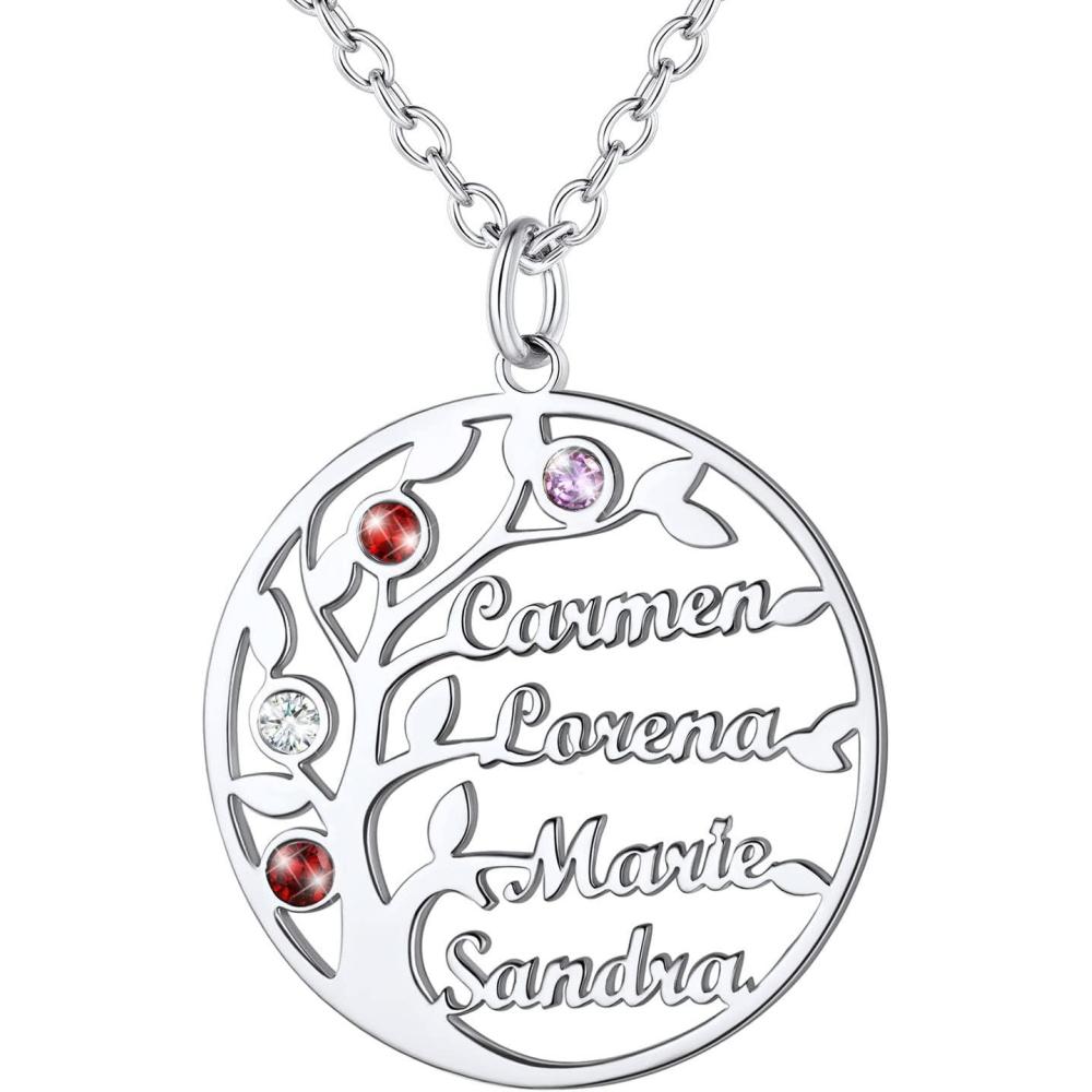 imageU7 Personalized Mothers Necklace with 18 Children Name Simulated Birthstones Stainless Steel 18K Gold Plated Tree of Life PendantDisc BarFeet Necklaces for GrandmaRound Tree of LifeBirthstoneSilver